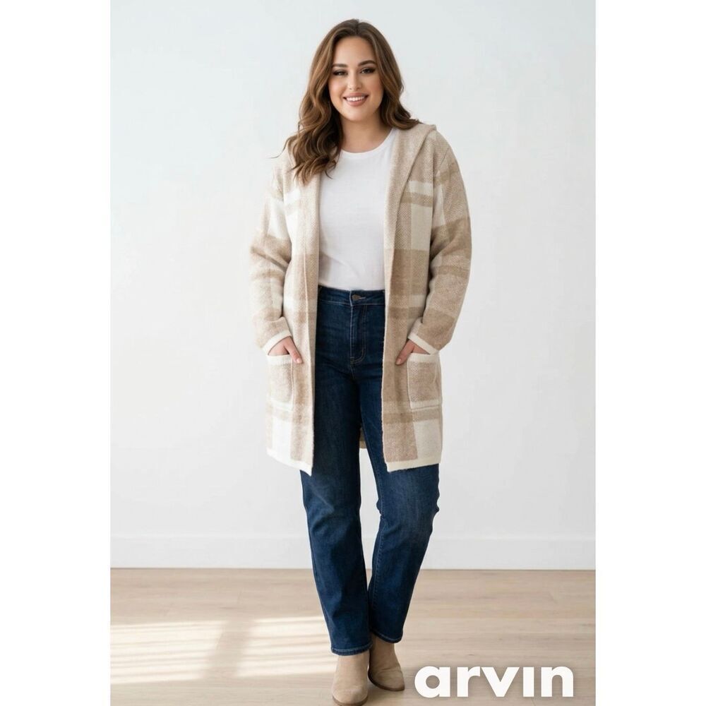 NWT 89th Madison 3X Long Tan plaid open front Cardigan Coatigan Hoodie sweater